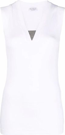 Brunello Cucinelli Geribbelde Katoenen Jersey V-Hals Top - Dames - Tops zonder mouwen - Wit - L - Katoen - Tops