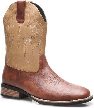 Generic Mens Square Toe Western Cowboy Boot Pull on Wide-Calf Boots Flat Heel Mid-Calf Boots with Embroidery Stitched,Yellow,5.5 UK