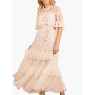 Needle & Thread Leila Dot Tiered Cape Ankle Gown in Cream at Nordstrom, Size 10