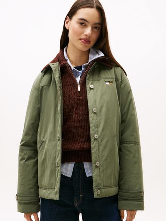 Tommy Jeans Outdoorjacke TOMMY JEANS TJW CORD COLLAR CHORE JACKET, Damen, Gr. XL (42), gr&uuml;n (pewter gr&uuml;n), Web, Obermaterial: 100% Nylon, unifarben mit Farbeinsat