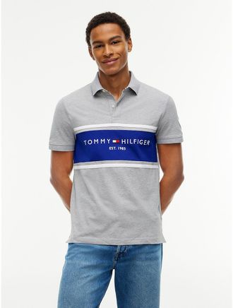 Tommy Hilfiger Mens Regular Fit Tommy Logo Block Stripe Polo - Grey Heather - XXXL
