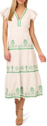 Adrianna Papell Embroidered Smocked Waist Cotton Maxi Dress in Ivory/Green Multi at Nordstrom, Size 6