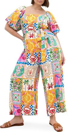City Chic Positano Patchwork Print Jumpsuit in Positano Print at Nordstrom, Size Xxl