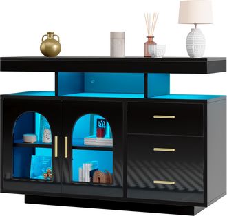 STILVORA Aparador De Cocina Con 2 Puertas, 3 Cajones Y 4 Huecos Abiertos Con Led, En Tablero De Part&iacute;culas, Negro, 120&times;40&times;80 Cm