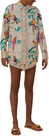 Farm Rio Linen-Blend Stitched Birds Scarf Off-White Short