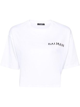 Balmain logo-appliqué cropped T-shirt - White