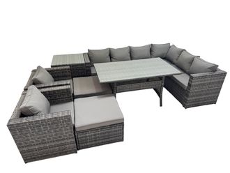 Fimous 10 Seater Patio Dining Corner Sofa Sets with 2 Chairs 2 Big Stools in Dark Grey