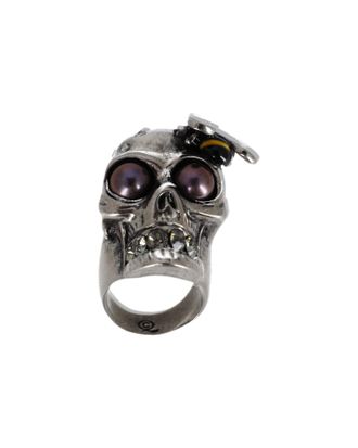 Alexander McQueen Alexander McQueen Bee Kristallen Stud Ring met Skulls in Zilvermetaal