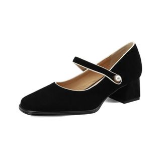 TinaCus Womens Suede Leather Handmade Square Toe Decorated Pearls Low Chunky Heel Buckles Mary Jane Pumps Shoes, Black, 2.5 UK