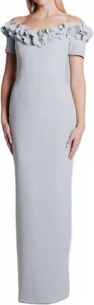 Catherine Regehr Off Shoulder V-Neck Gown With Magnolias In Pale Blue