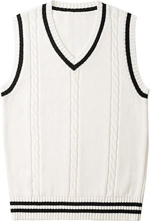 Seraphy Men Women Sweater Vests, Sleeveless V-Neck Cotton Gilets, Boys Girls Classic Knitted Striped Jumpers for Spring Autumn Winter-White-S