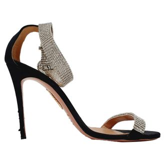 Aquazzura Pre-owned Womens Aquazzura Crystal-Embellished Sandal Heels in Black Suede - Size EU 37