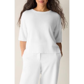 Eileen Fisher Elbow Sleeve Organic Cotton Blend Crewneck Sweater in White at Nordstrom, Size Xx-Small
