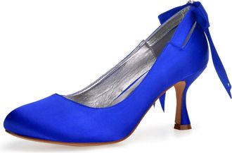 Generic Wedding Shoes Bridal Womens Low Closed Round Toe High Heels Classic Slip on Sexy Satin Stiletto Formal Dress Heel Shoes 7Cm,Blue,3 UK