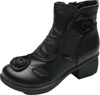 Generic YUJIEBB Block Heel Red Short Boots Autumn Winte Women Appliques Ankle Side Zipper Fashion Walking Shoes for Woman