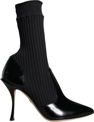 Dolce & Gabbana Zwart Patentleer Ribgebreide Bootie - Dames - Laarzen met Hak - Zwart - 36 EU - Leer - Schoenen