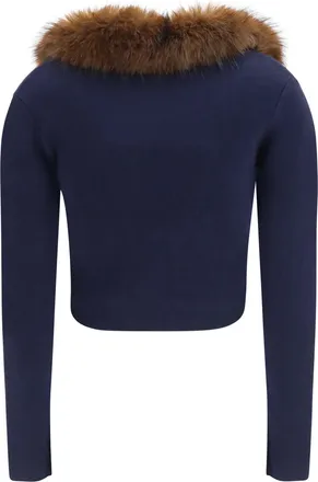 Self Portrait Womens Knit And Faux Fur Cardigan Navy Sweater