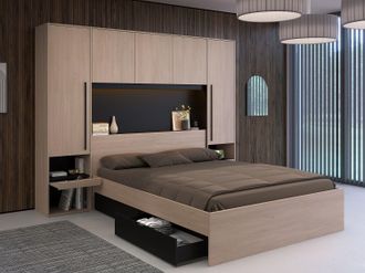 Vente-Unique Cama con compartimentos 160 x 200 cm - Con LEDs - Color: natural y negro - VELONA