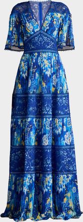 Tadashi Shoji Tiered Lace-Trim Pleated Chiffon Gown