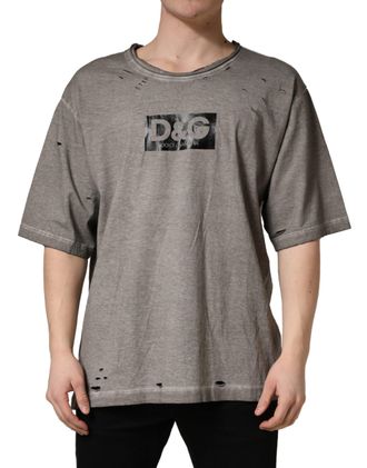 Dolce & Gabbana Mens Gray Dg Logo Print Cotton Round Neck T-Shirt