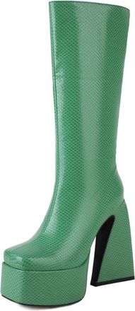Generic Womens Mid-Calf Platform Chunky Heel Boots PU Leather Snake And Plain Texture Retro Round Toe Side Zip Design Comfortable Non-Slip Durable Wear,Green,
