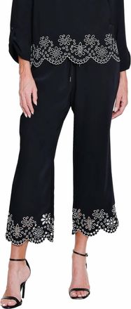 Multiples Embroidered Hem Wide Leg Crop Pant In Black
