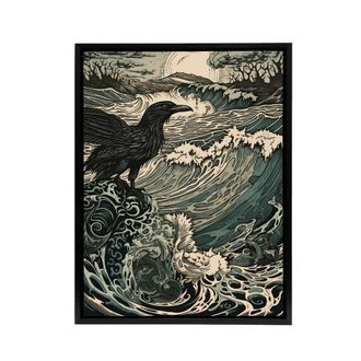 Artery8 Raven & Crashing Waves Seascape Framed Canvas Wall Art Print in Blue | Size: W24 x H32