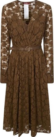 Max Mara Agrum Abito in Pizzo Maniche Lunghe Scollo V - Dames - Casual kleedjes - Bruin - M - Kleedjes