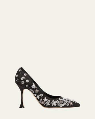 Manolo Blahnik Fiorata Embroidered Linen Pumps