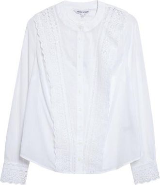 Veronica Beard Clermont Eyelet Ruffle Detail Cotton Blend Button-Up Shirt in White at Nordstrom, Size 00