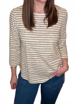 Multiples Striped 3/4 Sleeve Round Neck Top In Taupe