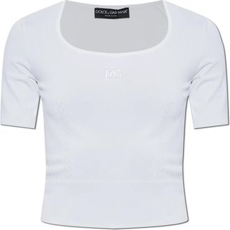 Dolce & Gabbana Top met geborduurd logo - Dames - T-shirts - Wit - M - Nylon - Tops
