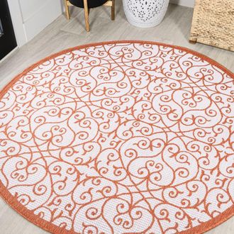 Jonathan Y Designs Madrid Vintage Filigree Textured Weave Indoor/Outdoor Round Area Rug in Cream/orange at Nordstrom, Size 5Ft 0In X 5Ft 0In