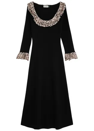 Rixo Rixo Mika Leopard-trimmed Wool-blend Maxi Dress - Black - 18 (UK18 /xxl)