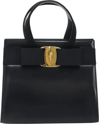 Ferragamo Convertible Vara Bow Tote Leather Black Leather Handbag (Pre-Owned)
