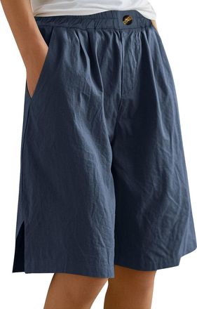 Generic Bermuda Shorts for Women Wide Leg Linen Knee Length Summer Casual Long Shorts Loose High Waisted Short with Pockets
