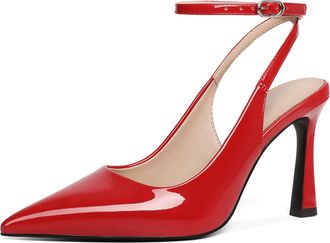 EDEFS Red Flare Heel Dress Shoes for Women - 3.5 Inch Patent Leather Slingback Pointed Toe Ankle Strap Pumps UK11
