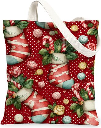 Generic Holiday Canvas Tote Bags, Festive Stocking Pattern Reusable Shopping Bags, Charming Vintage Floral Lightweight Washable Shoulder for Grocery Travel Be