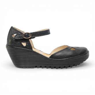 FLY London Womens Yuna Black Leather Wedge Sandals - Size EU 42