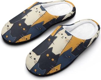 Generic Colorful Cartoon Cats Pattern Mens House Slippers Memory Foam Washable Cotton Slip on Home Shoes