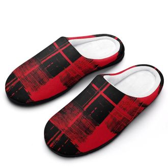 Generic Vintage Red Plaid Black Graffiti Mens Slippers Slip On Comfortable Fleece Cotton House Shoes Winter