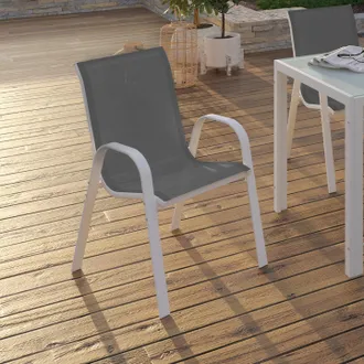 IDMarket Lote De 4 Sillas De Jard&iacute;n Apilables De Metal Y Textileno Lyma, Blanco Y Gris