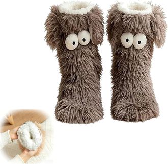 Generic Friends Cozy Socks,Cute Big-Eyes Non-slip Winter Socks for Women,Thick Fleece Warm Floor Slipper Sock,with Ears (grey)