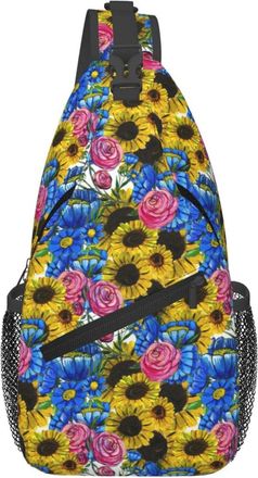 Generic Sunflower Rose Blue Yellow And Pink Flowers Shoulder Bag Anti Theft Cross Body Bag Adjustable Daypack For Sports Runner Workout