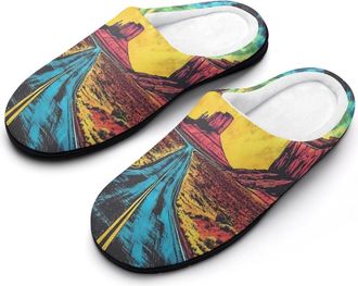 Generic Retro Tie Dye Road Desert Mens House Slippers Memory Foam Washable Cotton Slip on Home Shoes