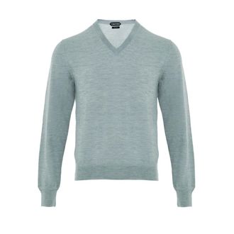 Tom Ford V-neck Knitwear, male, Blue, Size: XL Lightweight Silk Blend V Neck