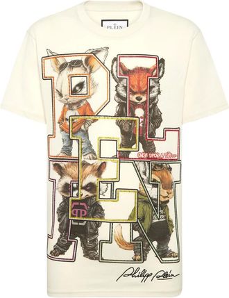 Philipp Plein Tops, Heren, Wit, L, Katoen, Rondhals T-Shirt College Animals Outline