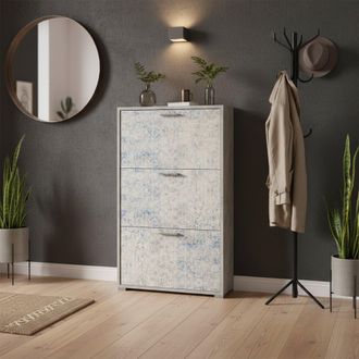 Dmora Zapatero Dlos, Mueble De Entrada Polivalente Con 3 Puertas Abatibles, Zapatero De Doble Profundidad, 100% Made In Italy, 67x28h112 Cm, Cemento Y Azul 