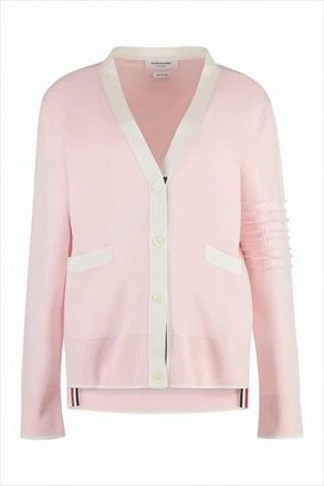 Thom Browne Soft Pink Cardigan With White Trim And Cropped Fit