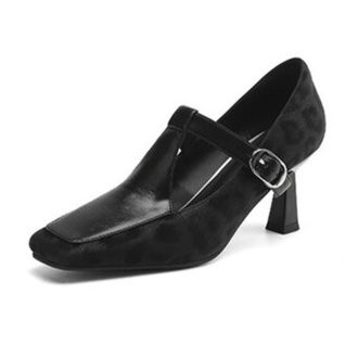 Generic Womens Mary Jane Pumps Square Toe Adjustable Buckle Strap Chunky Block Heel Mixed Texture Cushioned Insole Durable Stylish Shoes,Black,5.5 UK